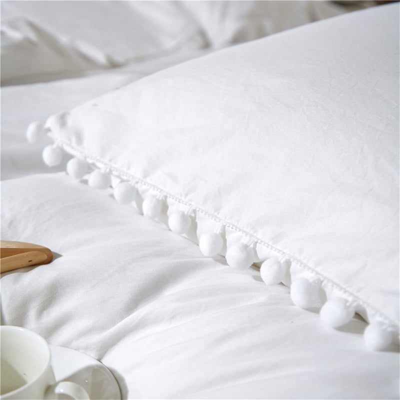 IHOUSTRIY Pom Poms Tassel Duvet Cover Set, Super Soft Lightweight Microfiber, Ball Fringe Pattern Design Boho Bedding Set, Zipper Closure and Ties, 3 PCS - Queen, White - Image 5